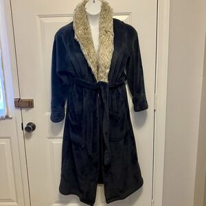 Berkshire Blanket & Home Sz Medium Luxury Plush Long Blue Robe Faux Fur Collar
